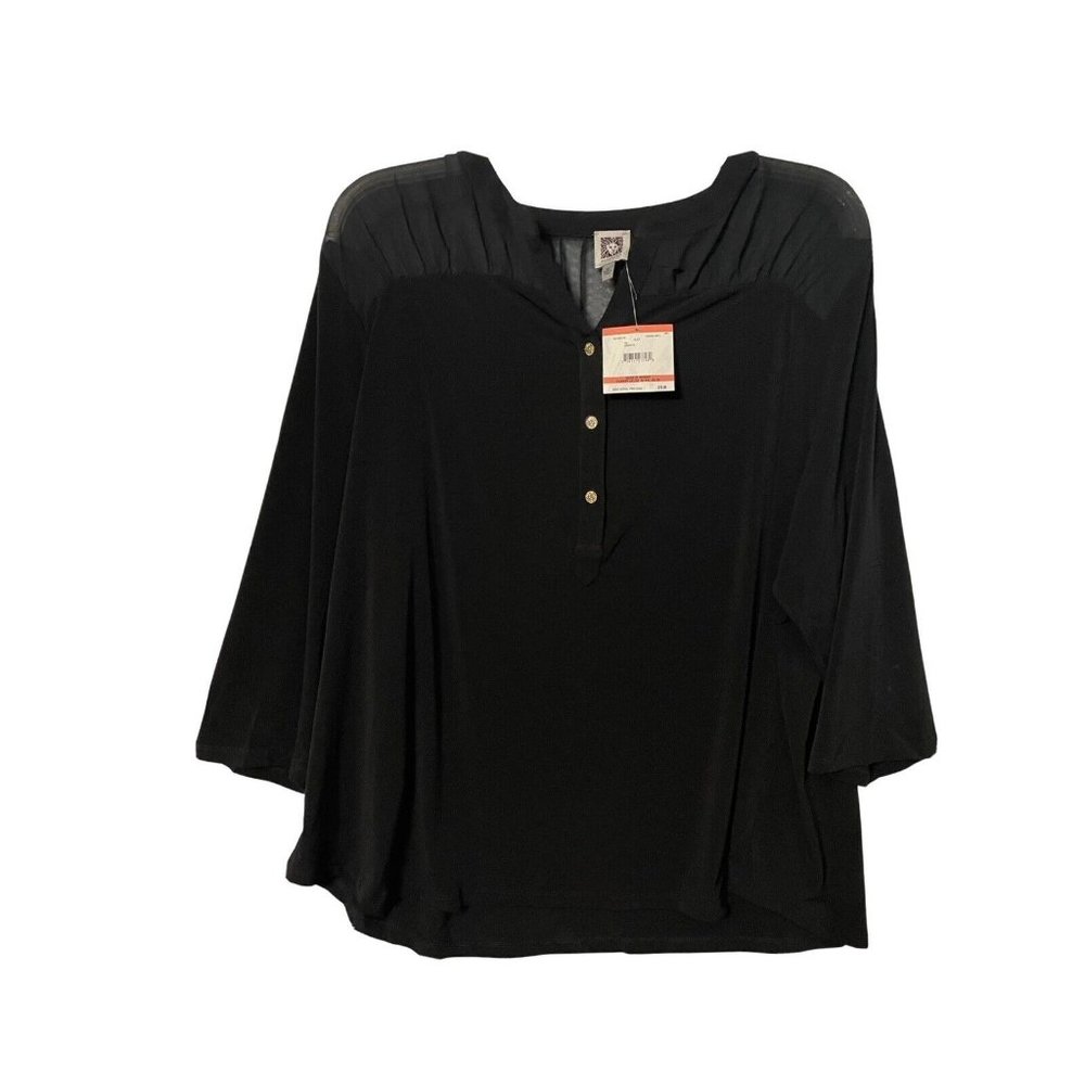 Anne Klein Womens Top Blouse Sheer Shoulder 20 22 2X Plus Black Solid 3/4 Sleeve